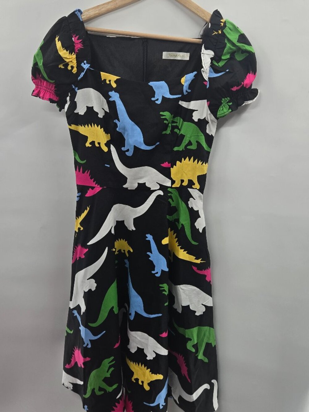 Hanpceirs 1950s Style Puff Sleeve Square Neck A-Line Dinosaur Dress Size Small